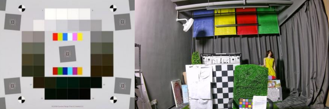 3DNR Calibration Scene — Dynamic Range Chart (Left) and Common Laboratory Darkroom (Right)